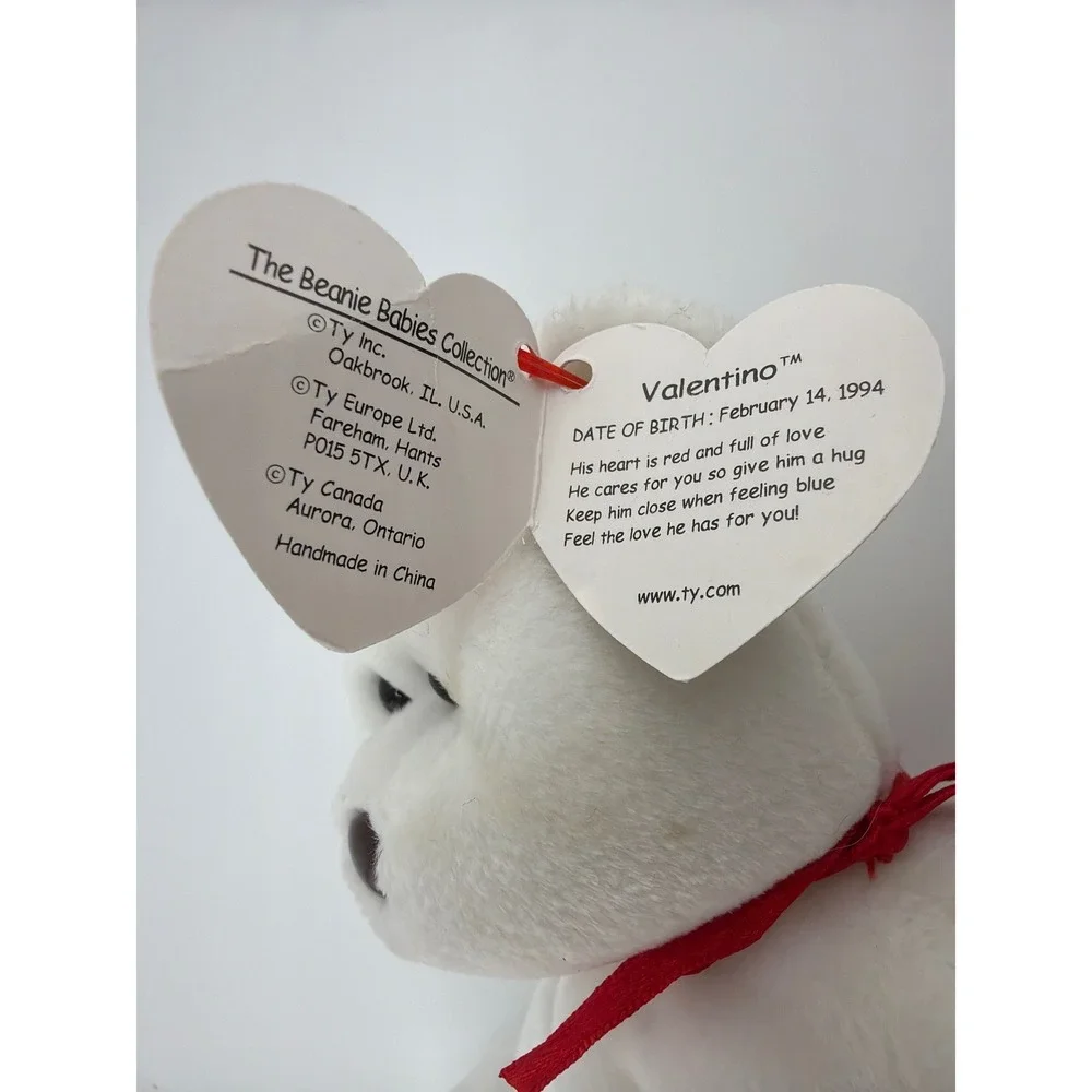 Ty Valentino Beanie Baby Bear Small White Red Heart Vintage Y2K‎ Retro Plush